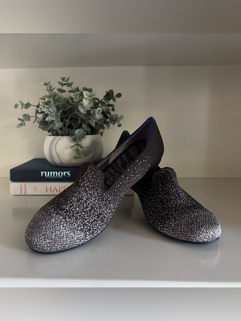 Rothy's Metallic Espresso and Silver Knit Slip-On Flats Everyday Loafer